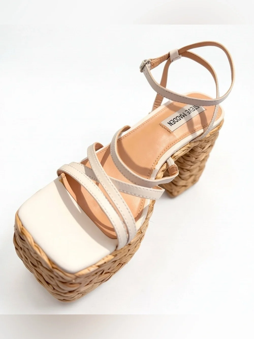 Steve Madden NWT Belise White Leather Raffia Platform Block Heel Sandals 7.5M